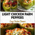 Colorful green peppers stuffed with chicken, veggies, and quinoa for a healthy Chicken Parm stuffed pepper recipe under 400 calories